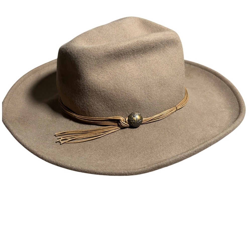 Scala Handmade Wool Felt Wide Brim Hat Tan Khaki Western Tassel One Size Cowgirl